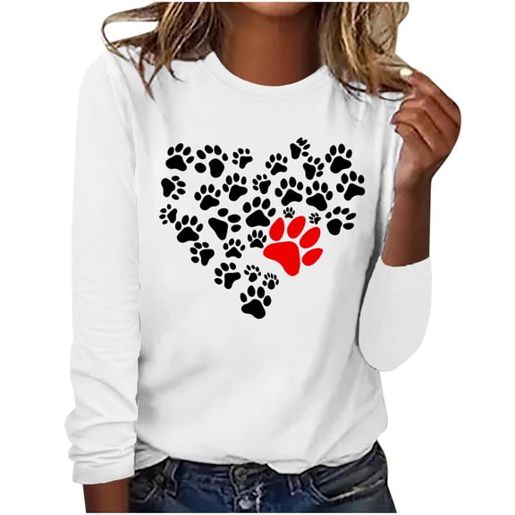 hxobax Heart Cute Basic Tees Womens Casual Crewneck Long Sleeve Tops Fall Tunic Dog Paw Shirt Blouse