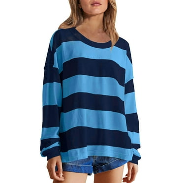 hxobax Juniors Teens Striped Oversized Sweatshirts Women's Casual Crewneck Long Sleeve Pullover Tops