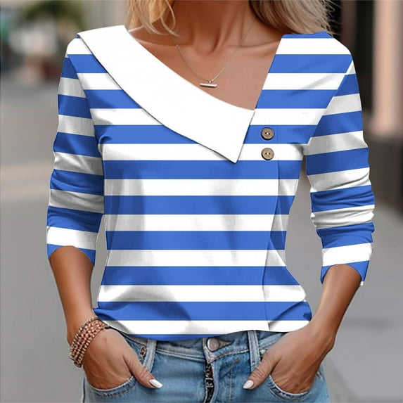 hxobax Long Sleeve Striped Tops for Womens Collared V Neck Tshirts Button-up Colorblock Tunic Blouse