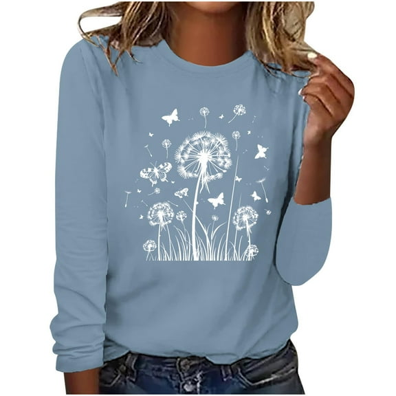 hxobax Long Sleeve T Shirts for Womens Dandelion Print Tunic Tops Fall Cute Crewneck Pullover Tshirt