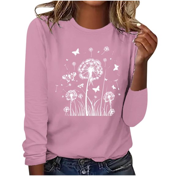 hxobax Long Sleeve T Shirts for Womens Dandelion Print Tunic Tops Fall Cute Crewneck Pullover Tshirt
