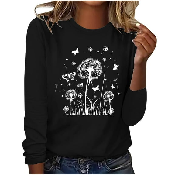 hxobax Long Sleeve T Shirts for Womens Dandelion Print Tunic Tops Fall Cute Crewneck Pullover Tshirt