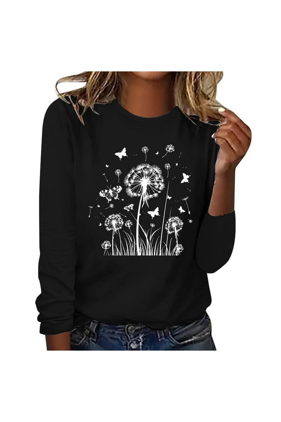 Long Sleeve T Shirts for Womens Dandelion Print Tunic Tops Fall Cute Crewneck Pullover Tshirt