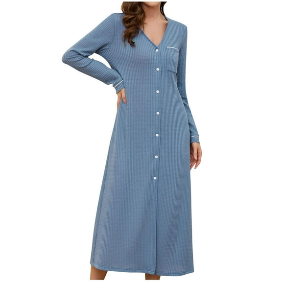 hxobax Nightgowns for Women Comfy Waffle Knit Sleep Shirts Long Sleeve V Neck Sleepwear Open Front Button Down Long Dress with Pocket Casual Solid Color Night Gowns Nightshirt,Blue,Medium