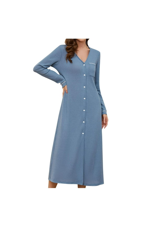Nightgowns for Women Comfy Waffle Knit Sleep Shirts Long Sleeve V Neck Sleepwear Open Front Button Down Long Dress with Pocket Casual Solid Color Night Gowns Nightshirt,Blue,Medium