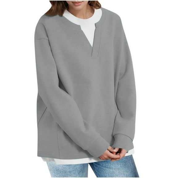 hxobax Oversized Casual Sweatshirts Womens Fall Pullover Tops Long Sleeve Henley V Neck Tunic Shirts