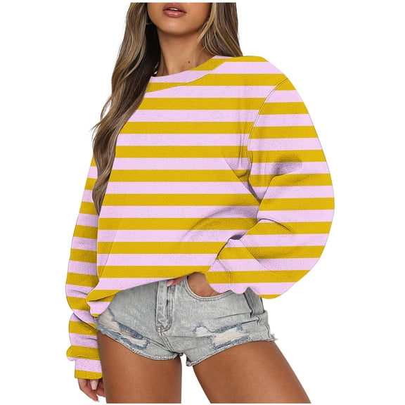 hxobax Oversized Sweatshirts for Women Fall Crewneck Striped Long Sleeve Shirts Fleece Pullover Tops