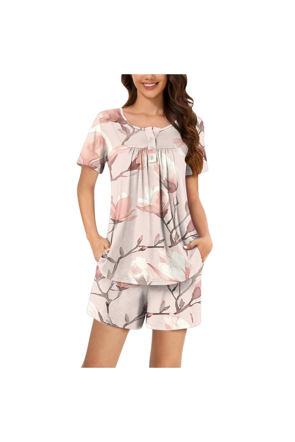 Pajama Set for Women 2 Piece Lounge Set Short Sleeve Tops and Shorts Soft Sleepwear Trendy Feather Printed Pajamas Sets Round Neck Button Blouse Loungewear Nightgowns,#08_Rose Gold,3X-Large