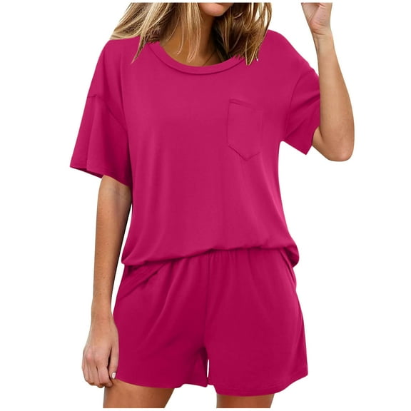 hxobax Women's Comfy Sleepwear, 2 Piece Womens Short Sleeve Pajama Sets Solid Crewneck Tops and Elastic Waist Shorts Lounge Set Soft Pjs Matching Sets Pocket Loungewear Nightgown,Hot Pink,Medium