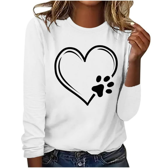 hxobax Paw Heart Print Tshirts for Women Trendy Fall Tops Crewneck Long Sleeve Tunic Basic Tee Shirt