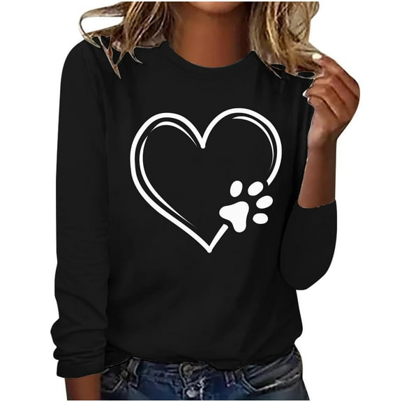 hxobax Paw Heart Print Tshirts for Women Trendy Fall Tops Crewneck Long Sleeve Tunic Basic Tee Shirt