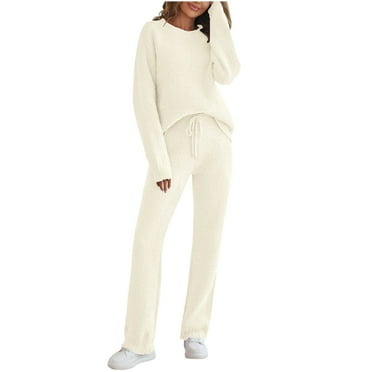 hxobax Plus Size Women's Pajama Sets Long Sleeve Pullover Fleece Sleepwear Two Piece Soft Plush Shirt Tops and Elastic Drawstring Pants Pjs Pj Set Solid Warm Nightwear Loungewear,#01_Beige,Large