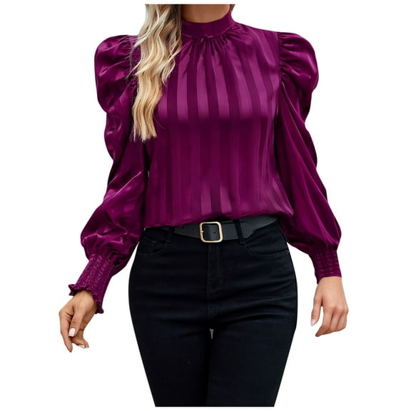 hxobax Puff Long Sleeve Satin Silk Shirts Tops for Womens Dressy Casual Stand Work Business Blouses