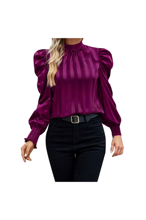 Puff Long Sleeve Satin Silk Shirts Tops for Womens Dressy Casual Stand Work Business Blouses