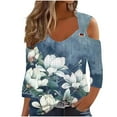 thumbnail image 1 of hxobax Sexy Cold Shoulder Tshirts Womens Eyelet Shirt Summer Floral 3/4 Sleeve Tops Basic Tee Blouse, 1 of 5