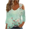 thumbnail image 1 of hxobax Sexy Cold Shoulder Tshirts Womens Eyelet Shirt Summer Floral 3/4 Sleeve Tops Basic Tee Blouse, 1 of 5