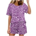 thumbnail image 1 of hxobax Shorts Sets for Womens 2 Piece Loungewear Trendy Colorblock Pajama Set Round Neck Short Sleeve Tops and Short Pant Comfy Matching Sets Sleepwear Soft Pj Set with Pocket,#02_Purple,Medium, 1 of 6