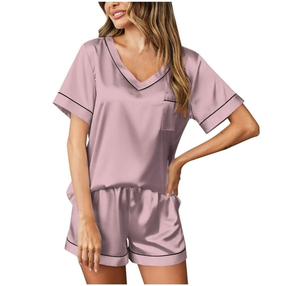 hxobax Silk Pajama Sets for Women Striped Short Sleeve Tops and Shorts Satin Pj Set Two Piece Soft Sleepwear Loungewear Lounge V Neck Shirts Pajamas Nightwear Nightgown with Pocket,Pink,Medium