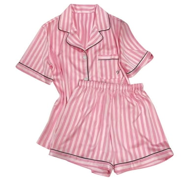 hxobax Silk Satin Pajama Set for Women Pajamas 2 Piece Striped Lounge Set Pjs Pj Shorts Matching Sets Summer Soft Loungewear Short Sleeve Button Tshirt Tops and Pants Sleepwear,Pink,Medium