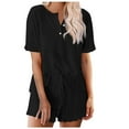 thumbnail image 1 of hxobax Solid Color Pajama Set for Women 2 Piece Lounge Sets Button Down V Neck Short Sleeve Tops and Drawstring Shorts Soft Sleepwear Matching Sets Summer Pjs Loungewear Outfits,Black,Medium, 1 of 3