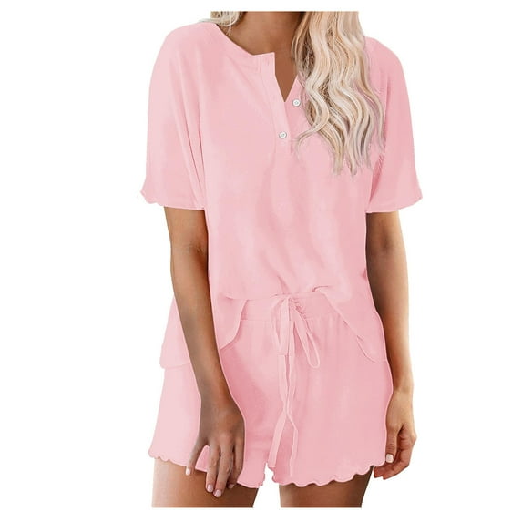 hxobax Solid Color Pajama Set for Women 2 Piece Lounge Sets Button Down V Neck Short Sleeve Tops and Drawstring Shorts Soft Sleepwear Matching Sets Summer Pjs Loungewear Outfits,Pink,Small