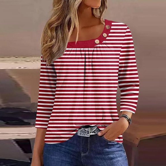 hxobax Striped 3/4 Length Sleeve Shirts Womens Trendy Pleated Crewneck Button Blouse Cute Tunic Tops