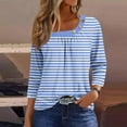 thumbnail image 1 of hxobax Striped 3/4 Length Sleeve Shirts Womens Trendy Pleated Crewneck Button Blouse Cute Tunic Tops, 1 of 5