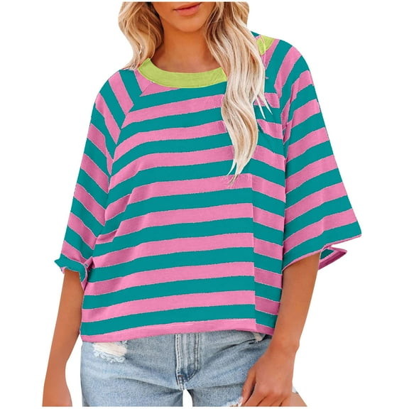 hxobax Striped 3/4 Sleeve Shirts for Womens Oversized Colorblock Knit Crewneck Tunic Pullover Tops