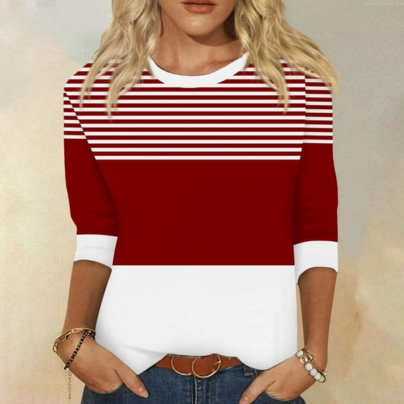 hxobax Striped 3/4 Sleeve Shirts for Womens Summer Tops Trendy Colorblock Tshirts Crewneck Tunic Top