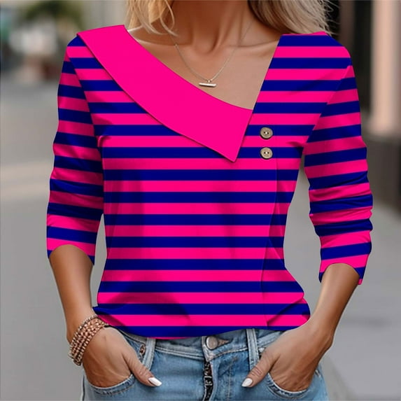 hxobax Striped Long Sleeve Shirts Womens Fall Fashion Tops Collar Button Blouse Cute Tunic Tee Shirt