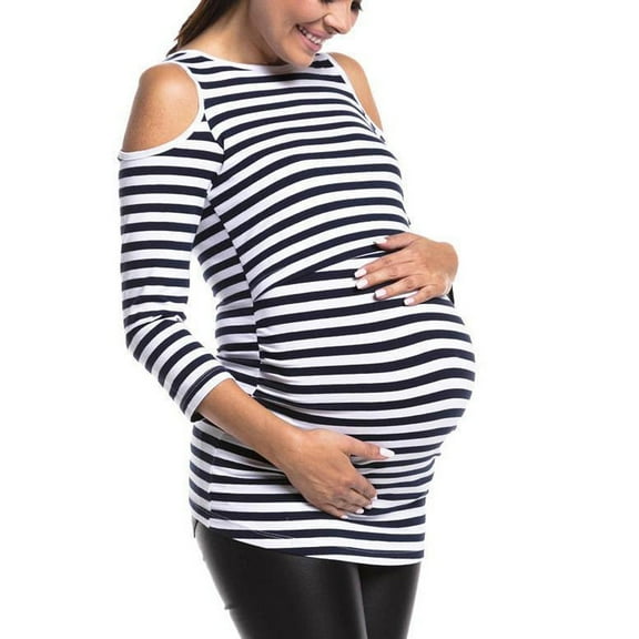 hxobax Striped Maternity Tops Womens Cold Shoulder Long Sleeve Tunic Tshirt Pregnant Nursing Blouse