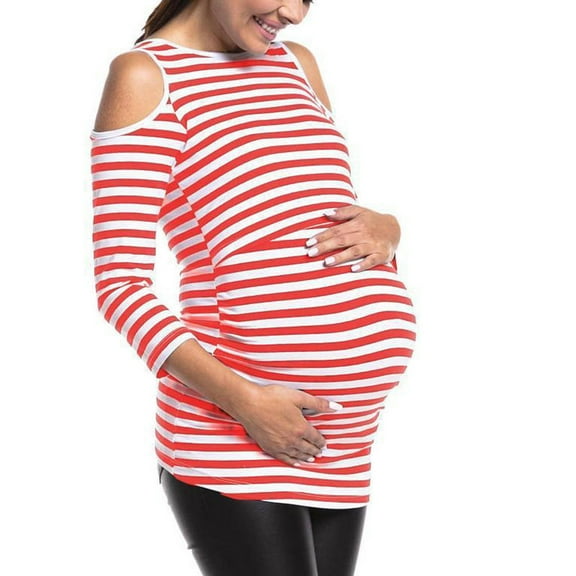 hxobax Striped Maternity Tops Womens Cold Shoulder Long Sleeve Tunic Tshirt Pregnant Nursing Blouse