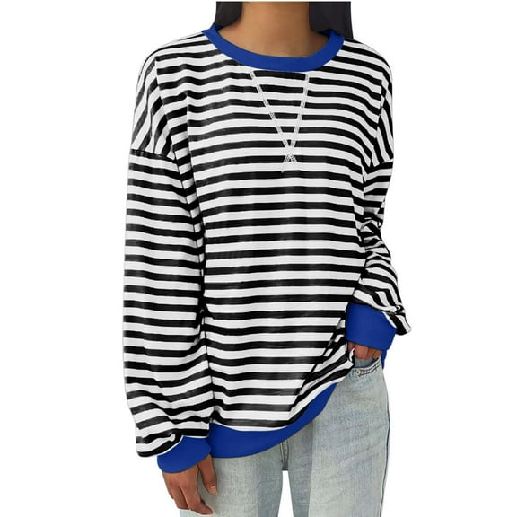 hxobax Striped Oversized Sweatshirt Womens 2024 Fall Crew Neckline Long Sleeve Shirts Preppy Top Y2K
