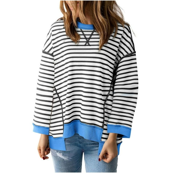 hxobax Striped Oversized Sweatshirt for Women Fall Colorblock Crewneck Pullover Tops Quilted Sweater
