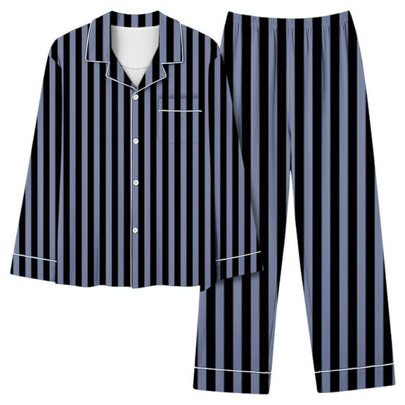 hxobax Striped Pajamas for Women Soft Button Up Pajama Set 2 Piece Sleepwear Nightwear Long Sleeve Shirt Tops and Pajama Pants Lounge Sets Trendy Classic Fit Nightgown Loungewear,#01_Blue,Large