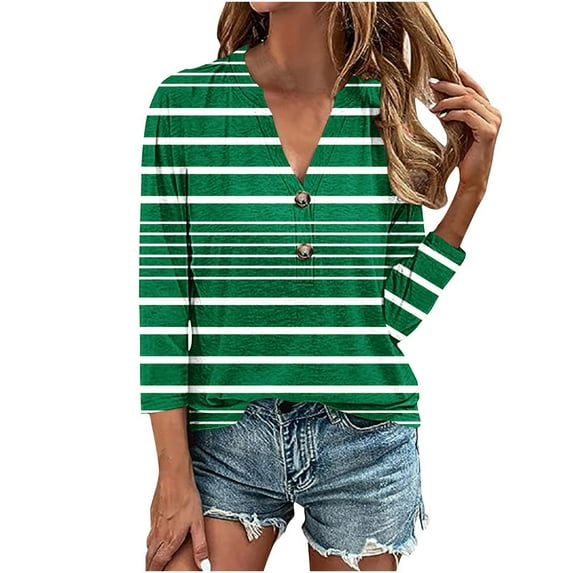 hxobax Striped Tunic Tops for Womens 3/4 Sleeve V Neck Button Down Shirts Basic Tee Pullover Blouse
