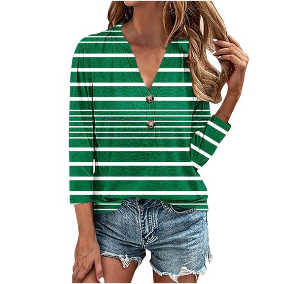 hxobax Striped Tunic Tops for Womens 3/4 Sleeve V Neck Button Down Shirts Basic Tee Pullover Blouse