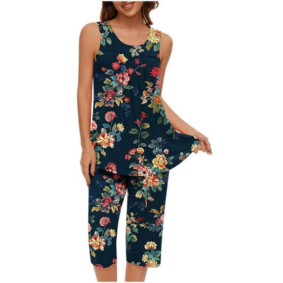 hxobax Tie Dye Pajamas Set Womens Casual Crewneck Sleeveless Tank Tops and Capri Pants Loungewear Sleepwear 2 Piece PJ Sets Cropped Trousers Set Nightwear Matching Sets House Wear,#03_Navy,Medium