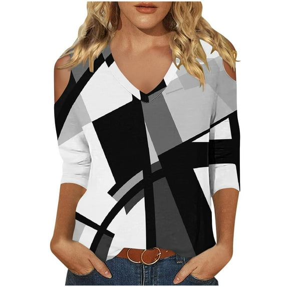 hxobax Tie Dye T Shirt Womens Summer Tops Sexy V Neck Tunic Tshirt Sexy Cold Shoulder 3/4 Sleeve Tee
