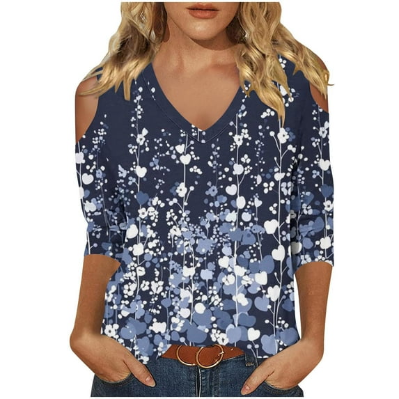 hxobax Tie Dye T Shirt Womens Summer Tops Sexy V Neck Tunic Tshirt Sexy Cold Shoulder 3/4 Sleeve Tee