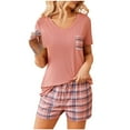 thumbnail image 1 of hxobax Two Piece Sets for Women Striped Shorts Pajama Sets Trendy Loungewear Sleepwear PJ Sets Casual V Neck Short Sleeve Tops and Drawstring Short Pant Soft Nightwear with Pocket,#03_Pink,Small, 1 of 5