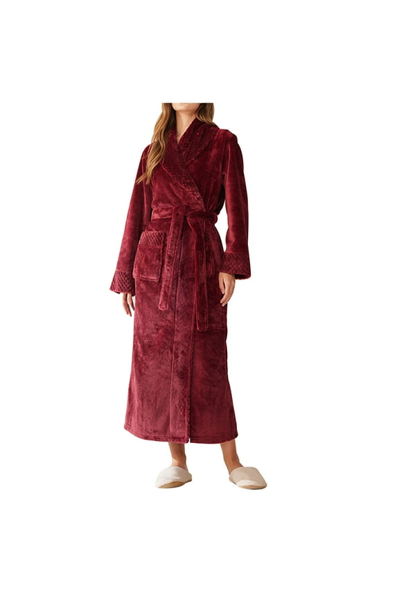Unisex Flannel Robes for Women and Mens Winter Cozy Warm Bathrobes Thicker Plush Fleece Robe Classic Couple Shawl Spa Robes Female Soft Fluffy Nightgowns Sleepwear Pajamas,Wine,X-Large