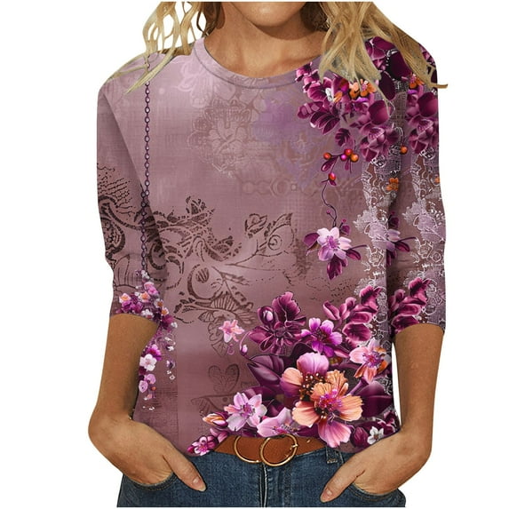 hxobax Vintage 3/4 Sleeve T-Shirts for Womens Floral Tunic Tops Casual Round Neck Tshirts Clothing