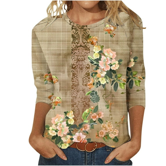 hxobax Vintage 3/4 Sleeve T-Shirts for Womens Floral Tunic Tops Casual Round Neck Tshirts Clothing