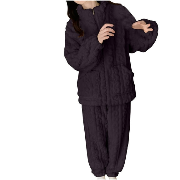 hxobax Winter Warm Sleepwear for Womens Pajamas Set 2 Piece Pjs Pj Sets Solid Color Long Sleeve Zipper Jacket Shirts and Full-Length Bottom Nightwear Sets Plush Fleece Loungewear,#01_Black,Medium