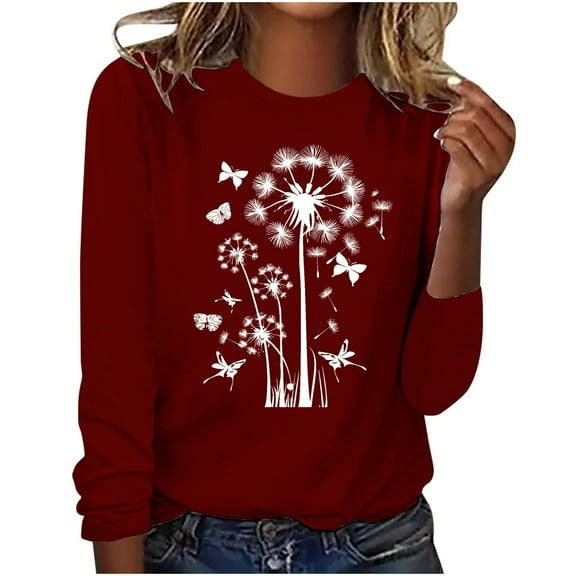 hxobax Women Casual Crewneck Tops Fall Long Sleeve Tshirt Dandelion Floral Tunic Cute Pullover Shirt