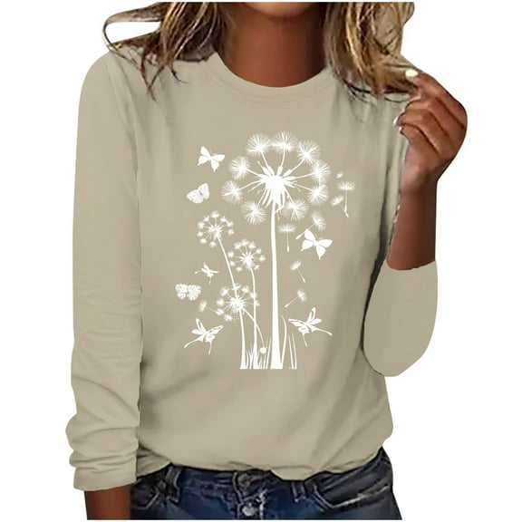 hxobax Women Casual Crewneck Tops Fall Long Sleeve Tshirt Dandelion Floral Tunic Cute Pullover Shirt