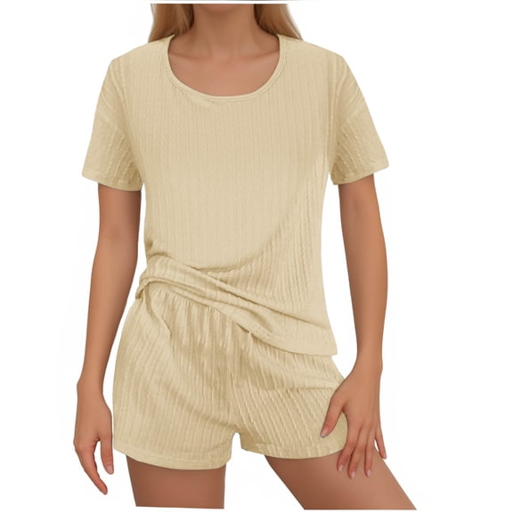hxobax Women Comfy Pajamas 2 Piece Rib-Knit Short Sleeve T-Shirt Tops and Elastic Waist Shorts Sets Solid Crewneck Blouse Lounge Set Soft Sleepwear Loungewear with Chest Pocket,Beige,Large
