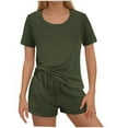 thumbnail image 1 of hxobax Women Comfy Pajamas 2 Piece Rib-Knit Short Sleeve T-Shirt Tops and Elastic Waist Shorts Sets Solid Crewneck Blouse Lounge Set Soft Sleepwear Loungewear with Chest Pocket,Army Green,XX-Large, 1 of 5