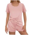 thumbnail image 1 of hxobax Women Comfy Pajamas 2 Piece Rib-Knit Short Sleeve T-Shirt Tops and Elastic Waist Shorts Sets Solid Crewneck Blouse Lounge Set Soft Sleepwear Loungewear with Chest Pocket,Pink,Large, 1 of 6